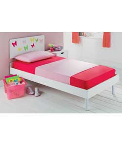 White painted wood bedstead.With comfort mattress.Size (W)96 (L)194.5 (H)80cm.Clearence between floo
