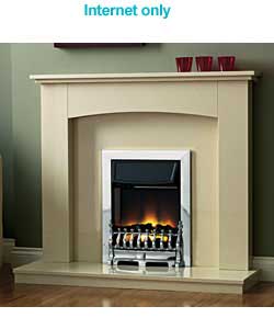Marfil micro marble surround with inset chrome effect electric fire.Spinner flame effect with coal f