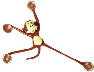 Our highly pliable rubbery monkey has a sucker on each limb, so it