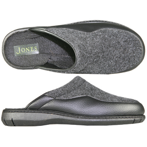 A modern backless slipper from Jones Bootmaker. With contrast colour and fabric to upper.