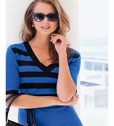 Stylish knitted dress with stripe detail to the front, v-neckline and elbow length sleeves. Washable 55% Cotton, 45% Viscose Length approx. 107 cm (42 ins)