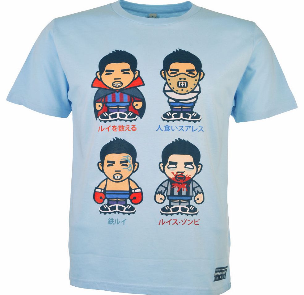 Suarez T-Shirt Sky BlueAs part of our new 9T Minutes range, this T-shirt features the best of The Beautiful Game from the past and present with a Japanese vinyl toy twist.
