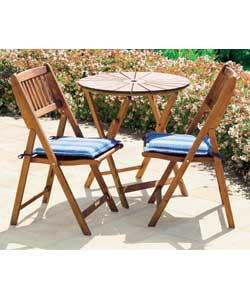Table size, diameter 70cm, (H)72cm and 2 folding chairs. Chair size (H)86, (W)53, (L)45cm. Folds