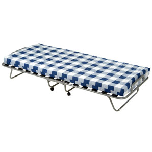 Tough sprung-slatted folding bed with steel frame in a silver finish. It has castors for easy