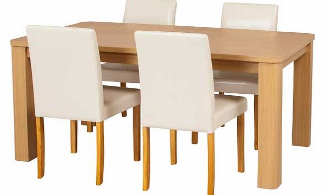 This real wood veneer dining table with 4 cream leather effect chairs is a neat dining set. perfect for families. The chunky design adds a contemporary twist to a classic style. Part of the Swanley collection. Table: Size H75. L120. W75cm. Wood table