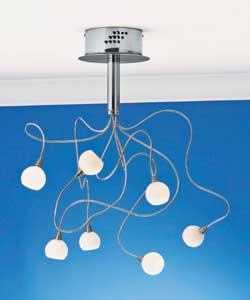 Satin silver finish ceiling light with small open ball opal glass shades.Height 50cm.Shade diameter