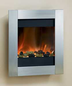 Contemporary electric fire with a brushed stainless steel finish.Pebble fuel bed. 100 net efficiency