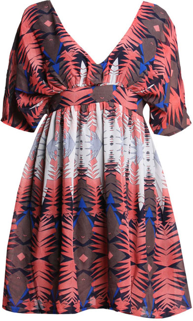 Palm print kimono sleeve dress 100 Polyester Length 92cm at back.