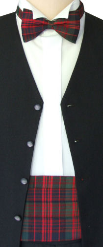 A rough silk Modern MacDonald tartan elastic back cummerbund and pre-tied bow tie set.