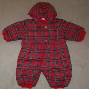 Lovely warm red tartan hooded snowsuit with frill round hood and 2 bows at