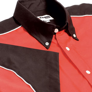 The popular Teamwear GT shirt with silver piping segregating the two contrasting colours of red and 