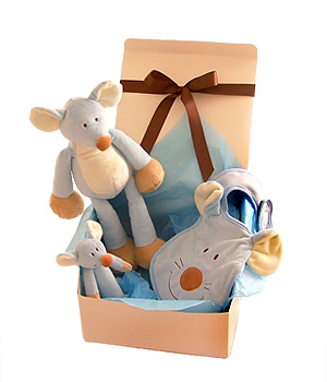 A fun-filled blue mouse gift set for baby with an animal to cuddle a rattle to play with and a bib. 