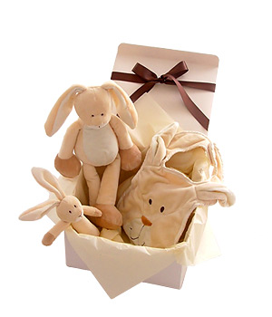A fun-filled rabbit gift set for baby with an animal to cuddle a rattle to play with and a bib. The 
