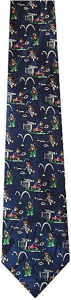 A lightweight fun tie with lots of little teddy bears playing teddie tennis on a navy background