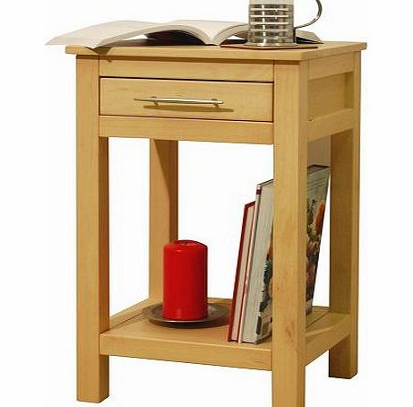 This telephone or occasional table has ample storage. with an internal drawer and lower shelf. Ideal for hallways. bedsides and any small space. Made with a solid wood frame and wood veneered MDF top with a natural lacquered stain finish. Brushed alu