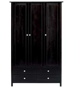 Solid pine Shaker style 3 door wardrobe in chocolate finish with silver coloured metal handles. Size
