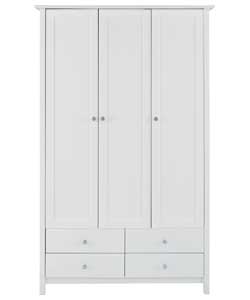 Solid pine Shaker style 3 door wardrobe in white finish with silver coloured metal handles. Size (H)