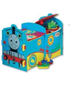 Brightly coloured toy box with 2 seats decorated with Thomas the Tank Engine.Comfortable bench lids