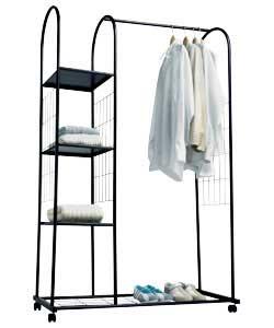 Grey tubular metal frame with plastic supports and 1 hanging rail.Wardrobe can be folded down when n