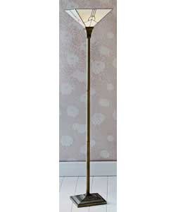 Antique brass finish with a cream glass shade.On/off foot switch.Height 166cm.Shade diameter