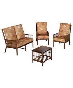 4 piece suite comprises sofa, 2 chairs and a coffee table.Stained rattan frame with rail effect