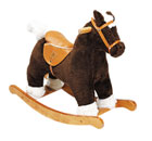 Adorable brown pony with wooden hand grips and soft saddle