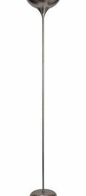 Finished in a brushed chrome. this uplighter floor lamp. with an elongated stem. will bring a touch of elegance to any room setting. Height 180cm. Diameter of base 23cm. Diameter of shade 28cm. Weight 3.7kg. Suitable for use with low energy bulbs. As