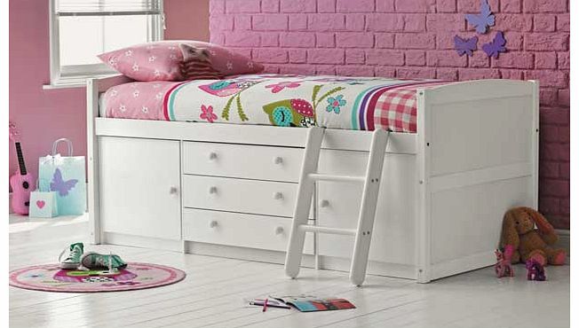 With 2 cupboards and 3 drawers. this Tory White Mid Sleeper Bed with Bibby Mattress is perfect when you need to make the most of the space in your childs bedroom. These drawers and cupboards are perfect for storing toys. games and clothes. The includ