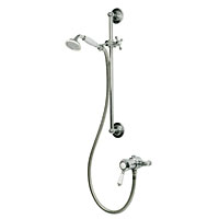 Antique style shower valve pressure balanced to maintain constant water temperature. Brass body