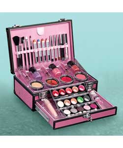 Set contains 2 x 5 eyeshadow compacts, roll on shimmer powder, 3 glitter pots, 2 blusher pots, 3 lip