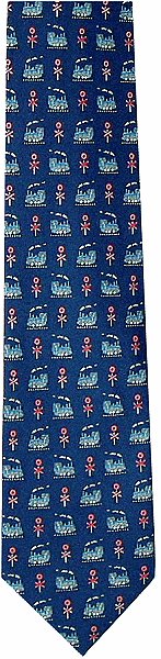 A lovely tie with little steam trains and railway crossings on a blue background