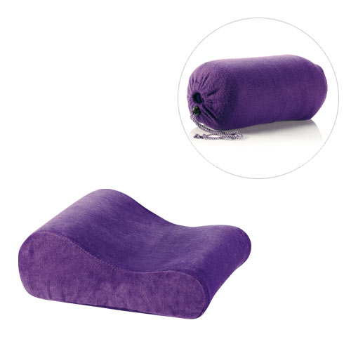 Super-comfortable travel-sized memory foam pillow in a removeable purple velvet-finish polyester cov