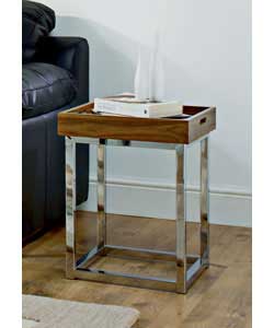 Polished chrome square tube frame with wood finish table and removable tray top with handle