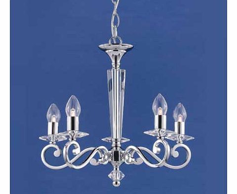 The Trieste Chandelier has a modern design with classic edge. This striking light sits on a polished chrome plate displaying five curvaceous arms crowned with simple crystal sconces. Size H48. W46. D33cm. Drop 48cm. Diameter 46cm. Suitable for use wi