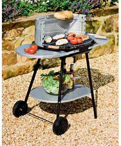 Steel, wood and plastic composition.Grill area 88 x 49 x 98cm.Weight 6.8kg.Packed flat for home asse