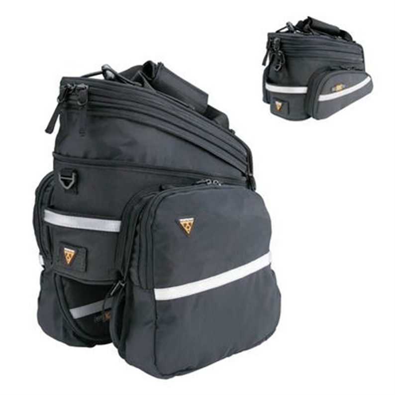 Rear rack mounting bag with large, expanding main compartment and fold-out side panniers for