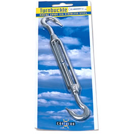 Stainless steel turnbuckle used to attach shade sail corner rings to a fixing point and provide
