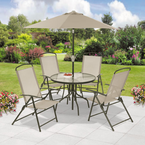 This comfortable and practical table set consist of 4 maintenance free textilene chairs  a tempered 