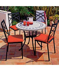 Round table with stackable chairs. Constructed of resin and metal. Table legs removable for ease of 