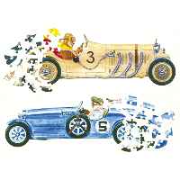 Two solid wooden puzzles in one box  one shaped like a 1929 Mercedes and the other like a 1929