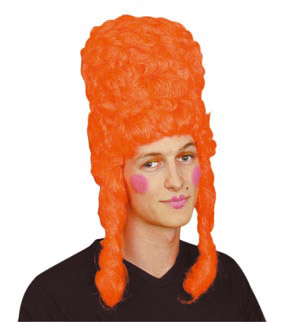 This bright orange ugly sister wig worn with make-up that clashes is great for any panto!