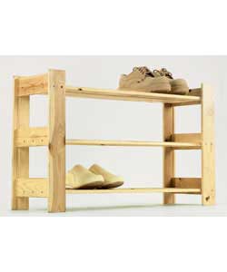 Shelf rack fits 9 pairs of shoes (size 8 mens). Can be painted, stained, varnished or left unfinishe