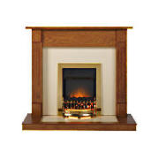 Finished medium oak veneered surround set with cream back panel and hearth. This surround set has be
