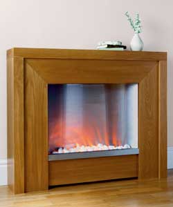 Chunky contemporary surround in real oak veneer.Exciting spinner flame effect with curved brushed st