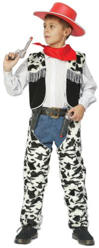 The funkiest cowboys wear black and white cow print chaps. This costume goes over your own jeans