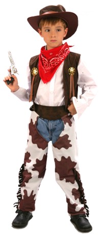Are y`all goin` to the square dance tonight? This boys` cow print cowboy costume is a real treat