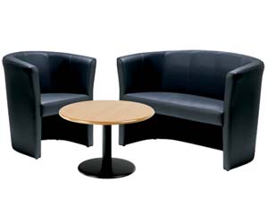 Black leather faced tub seats. Perfect for reception & waiting areas. Generous, deep padded seat