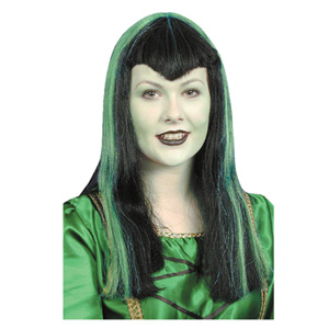 Black and green streaked vampiress wig with V cut fringe. Also available in black/white and black/pu