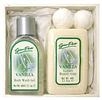 Vanilla bathroom gift set containing bodywash gel, luxury beauty soap and two bath bombs presented i