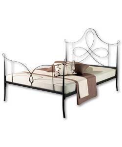 Gunmetal coloured frame with looped detail in headboard and simple footboard design. Gauge sprung